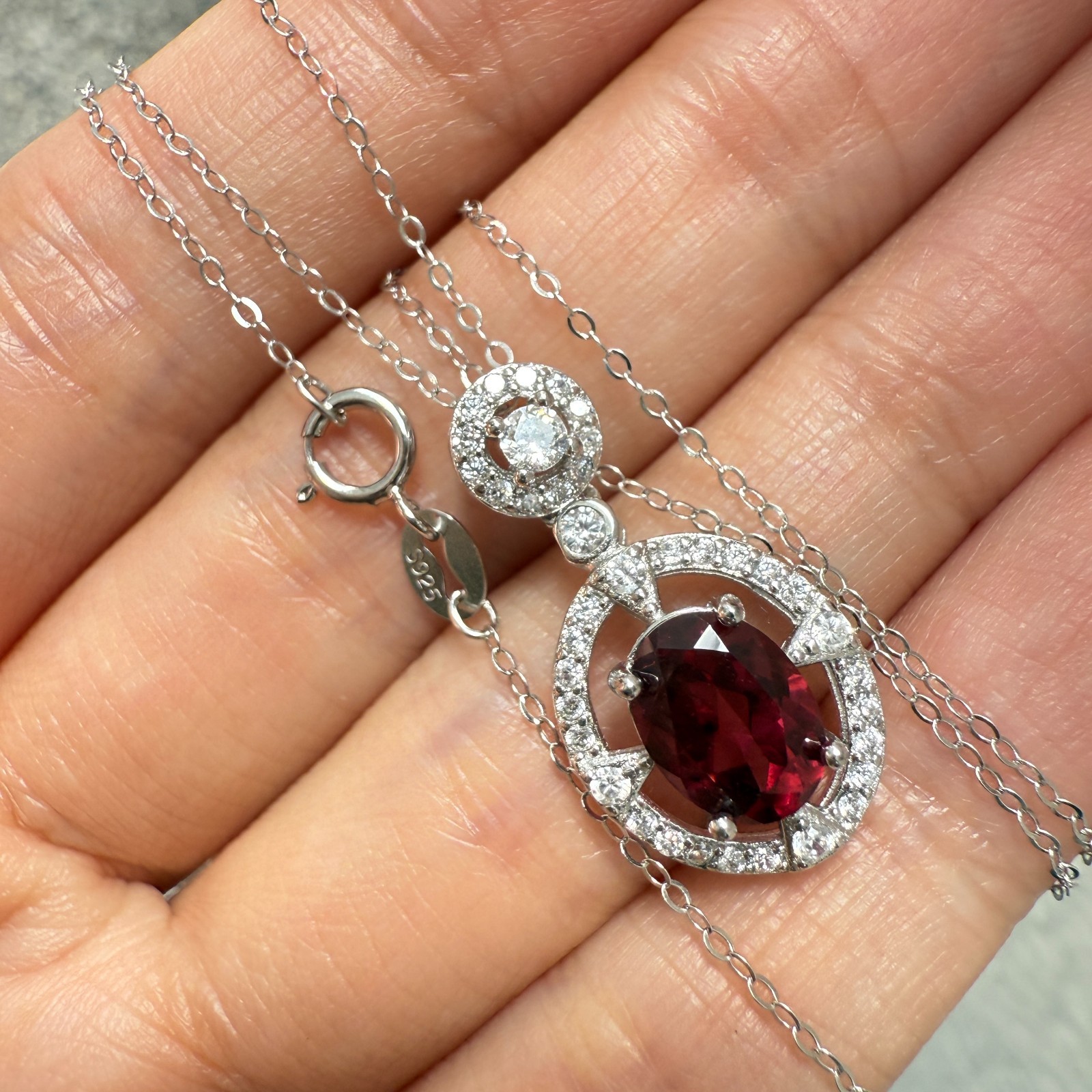 925 Sterling Silver Necklace 8x6mm Natural Garnet Zircon Flower Handmade Chain