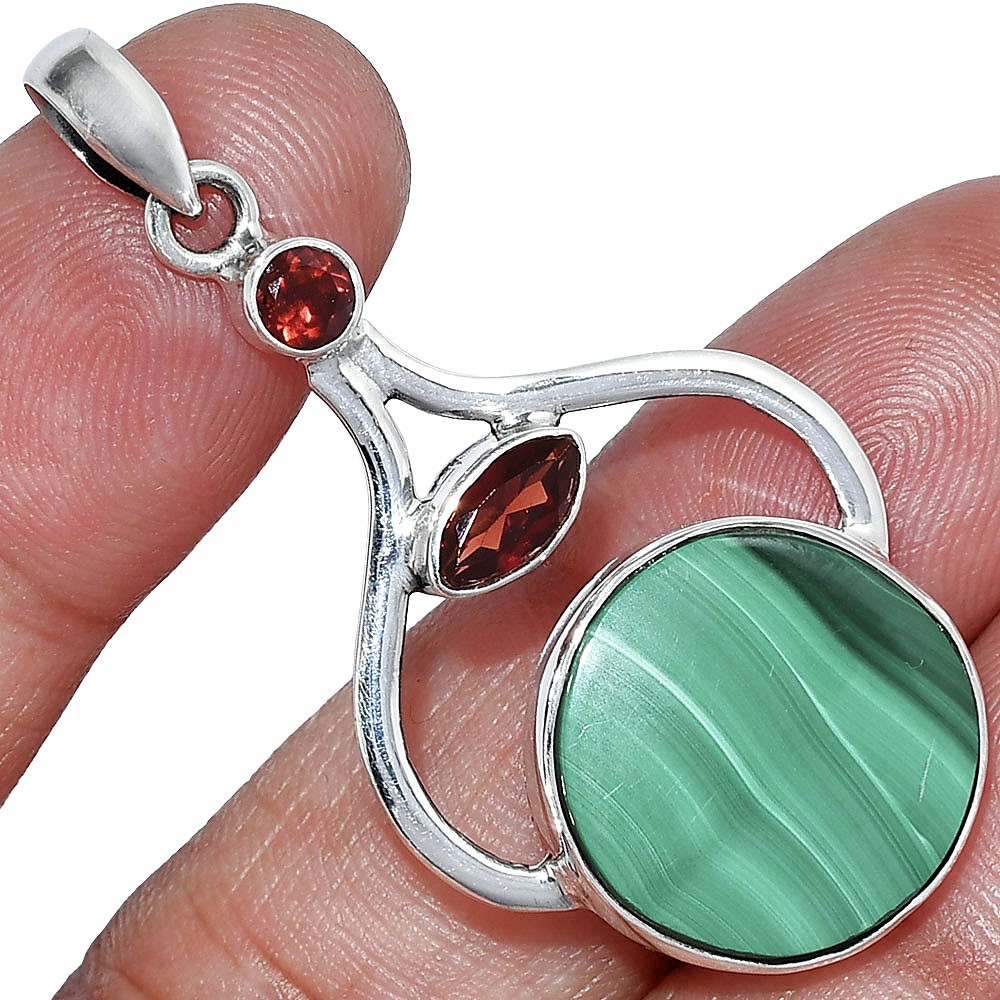 Malachite Eye – Congo & Garnet 925 Sterling Silver Pendant Jewelry P-1187