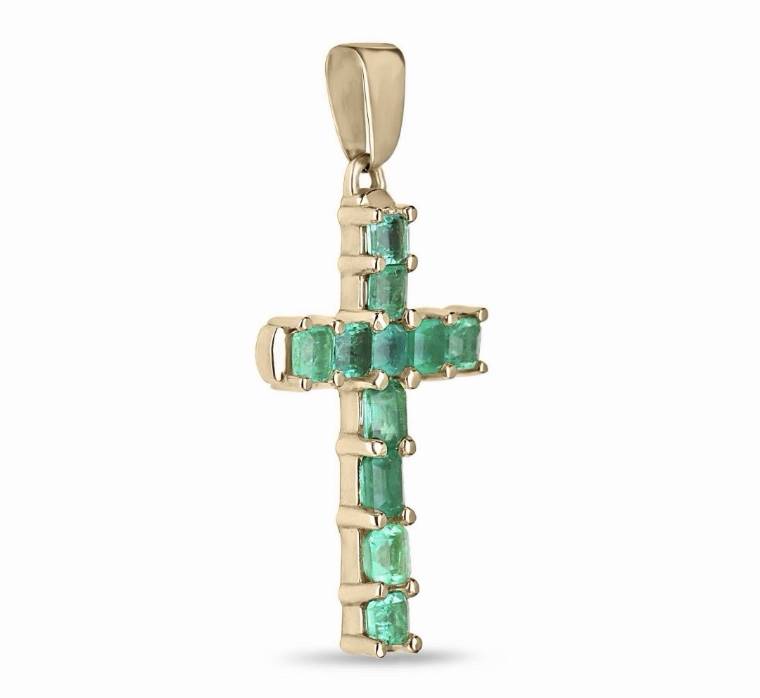 Emerald Gold Cross Pendant 14k Solid Yellow Gold Natural Emerald Pendant