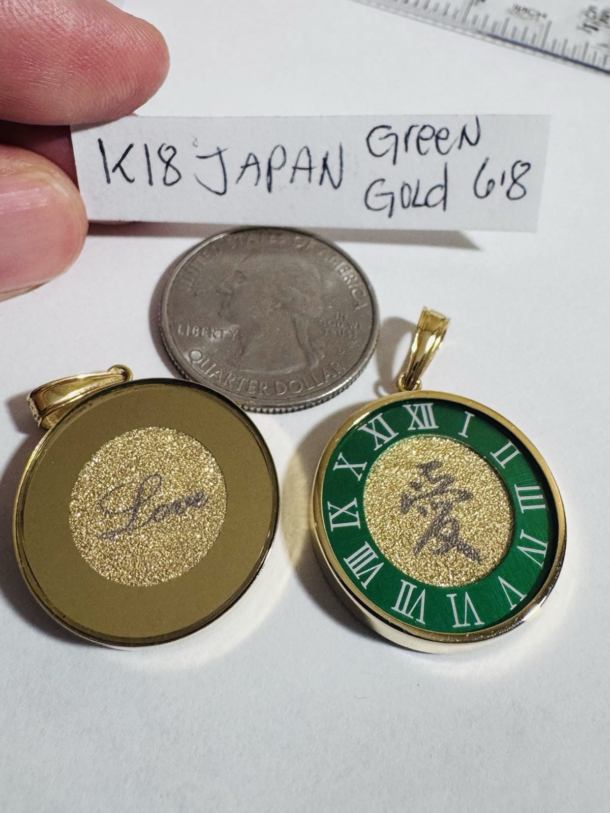 18K K18 Japan Gold Pendant Green Love & Gold 6.8g Glass on Top MENS-WOMENS