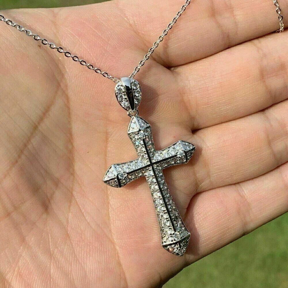 3Ct Round Cut VVS1 Diamond Cross Pendant 14K Solid White Gold Finish Free Chain