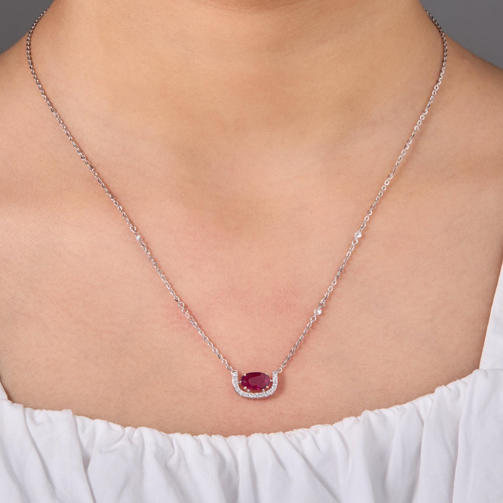 0.55 ct Natural Ruby U Shape Necklace 14K Gold Natural Diamonds Minimalist Pave