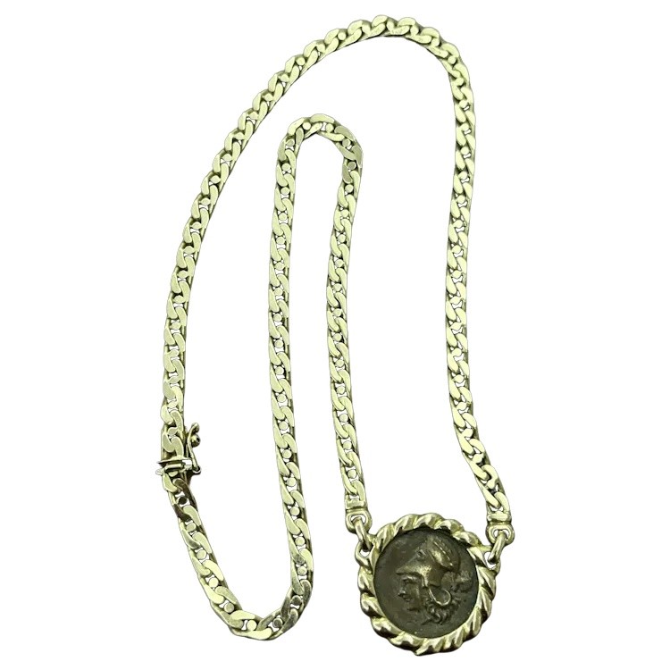 14K Yellow Gold Bronze Roman Soldier Coin Necklace