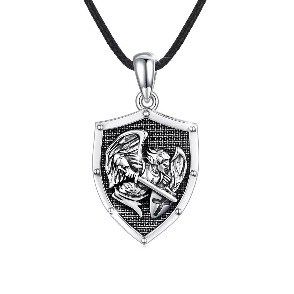 MLD 925 Sterling Silver Saint St Michael Shield Pendant Necklace w/ 22″ Cord