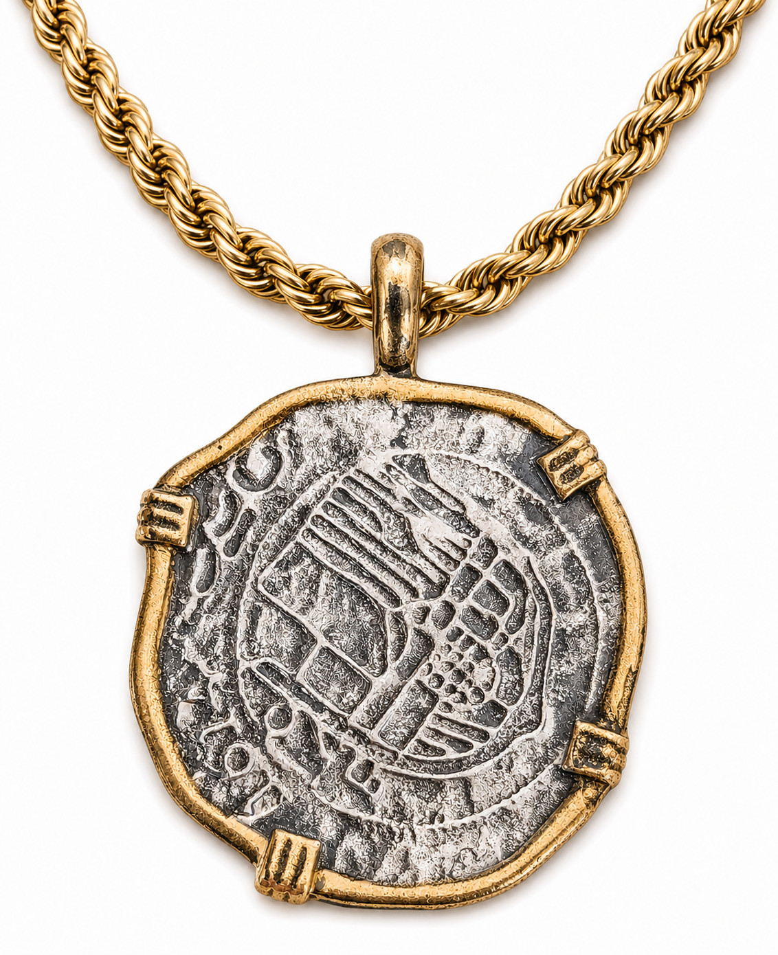 ATOCHA Coin Pendant Necklace Stainless Steel Replica w/ Gold Plated Rope Chain