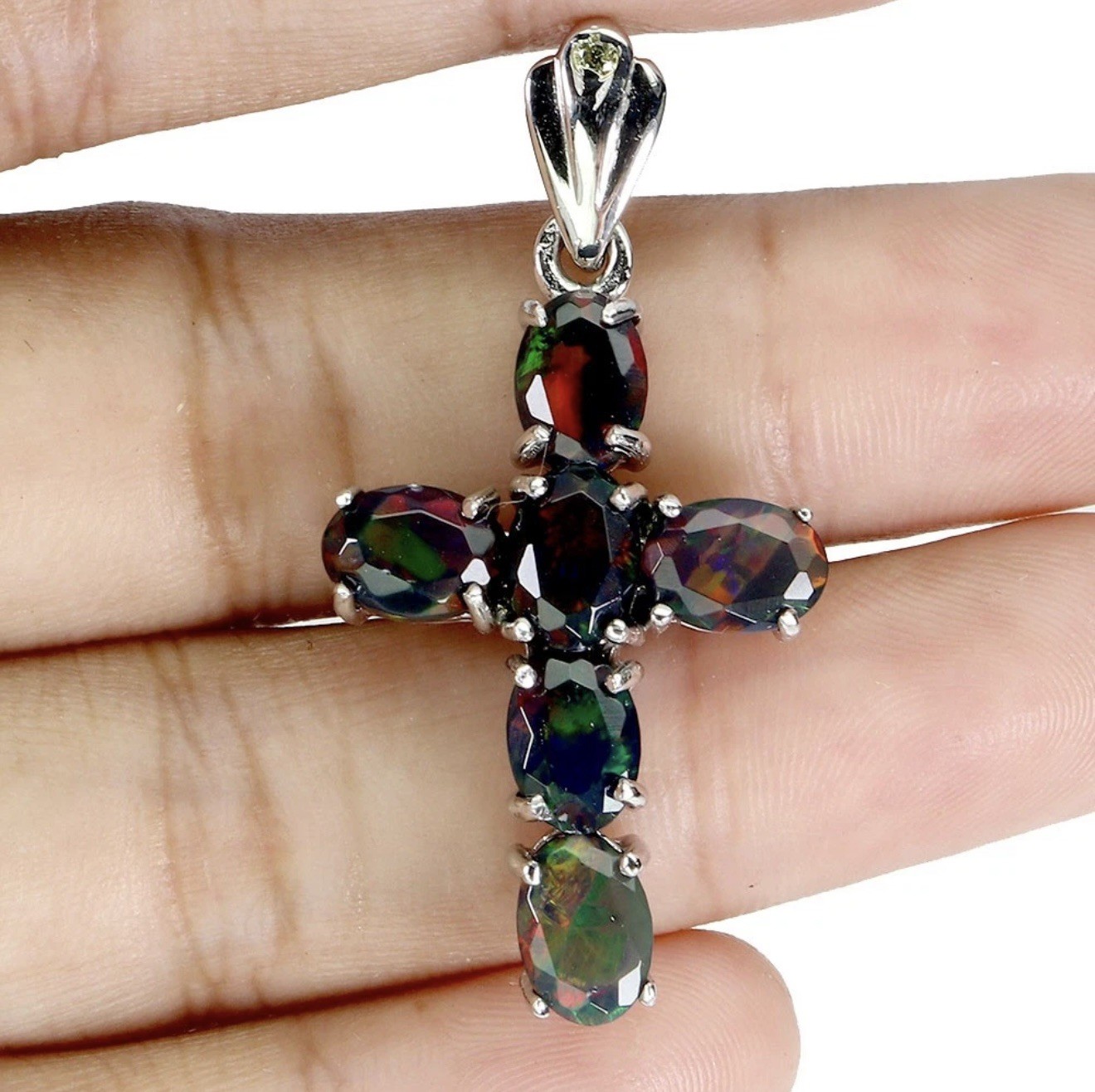 Stunning Natural Rainbow Black Opal Cross 3CT Pendant Necklace 925 Sterling