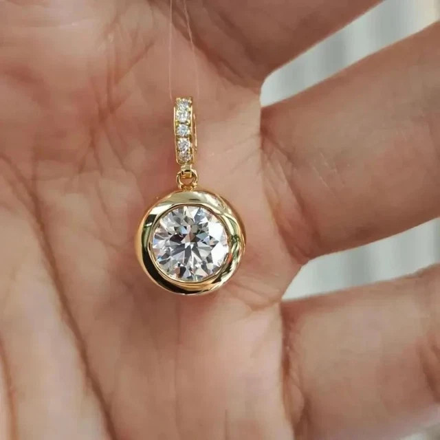2.00TCW Round Cut Real Moissanite Bezel Set Pendant 14k Yellow Gold Plated