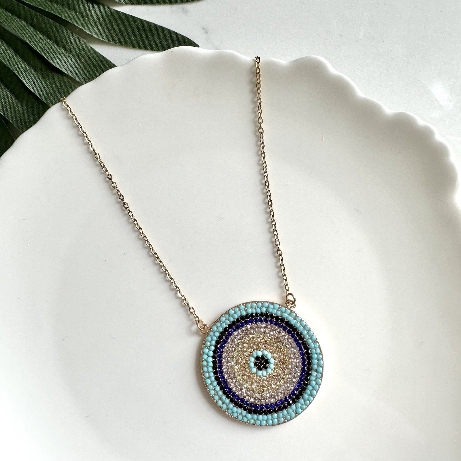 Large Evil Eye Necklace Rhinestone Gold Protection Amulet Good Luck Karma NEW