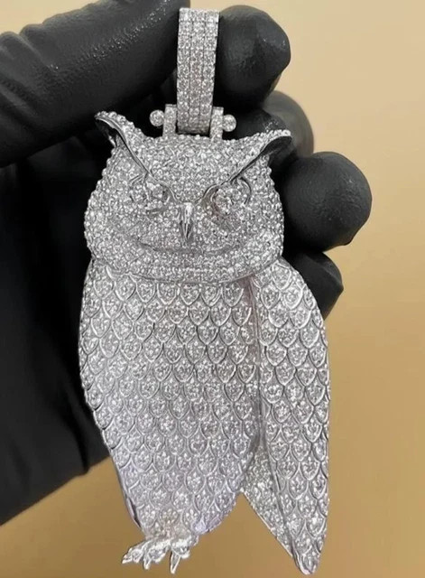 2.80Ct Round Cut Natural Moissanite Customize Owl Pendant 14K White Gold Plated