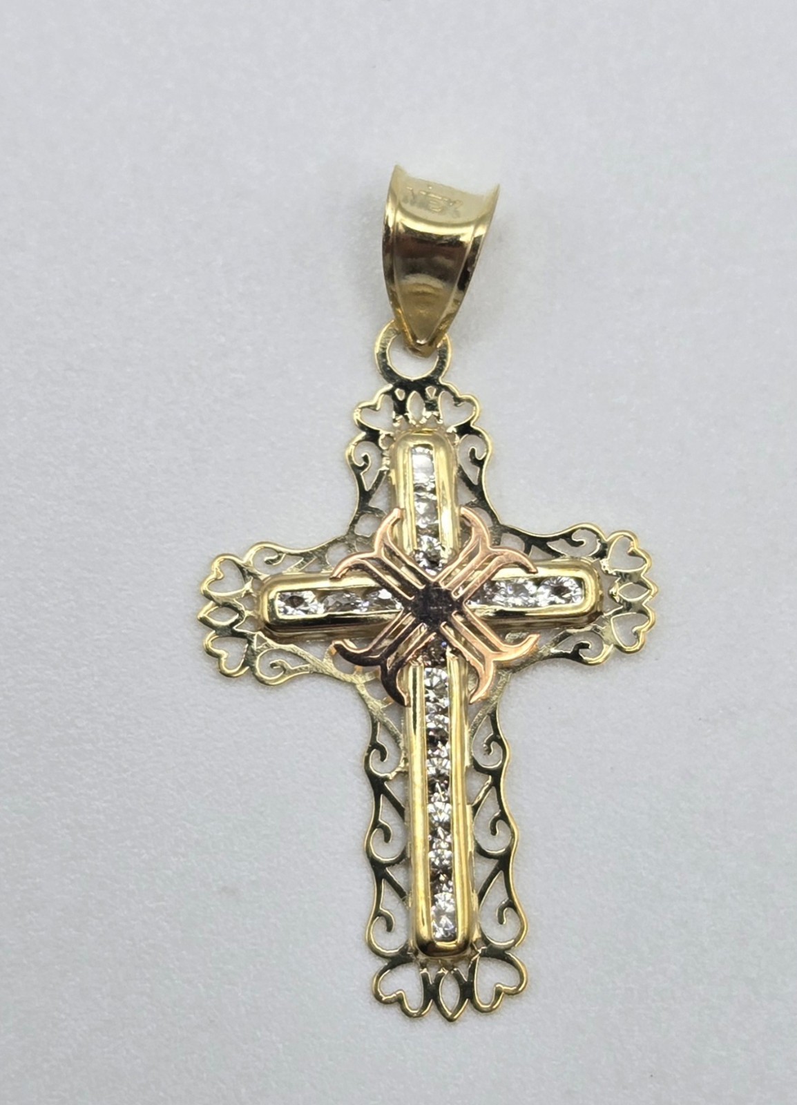 NEW Real 10K Yellow Gold 1in Cross Pendant, Pave CZ Stones, 3.5mm Bail