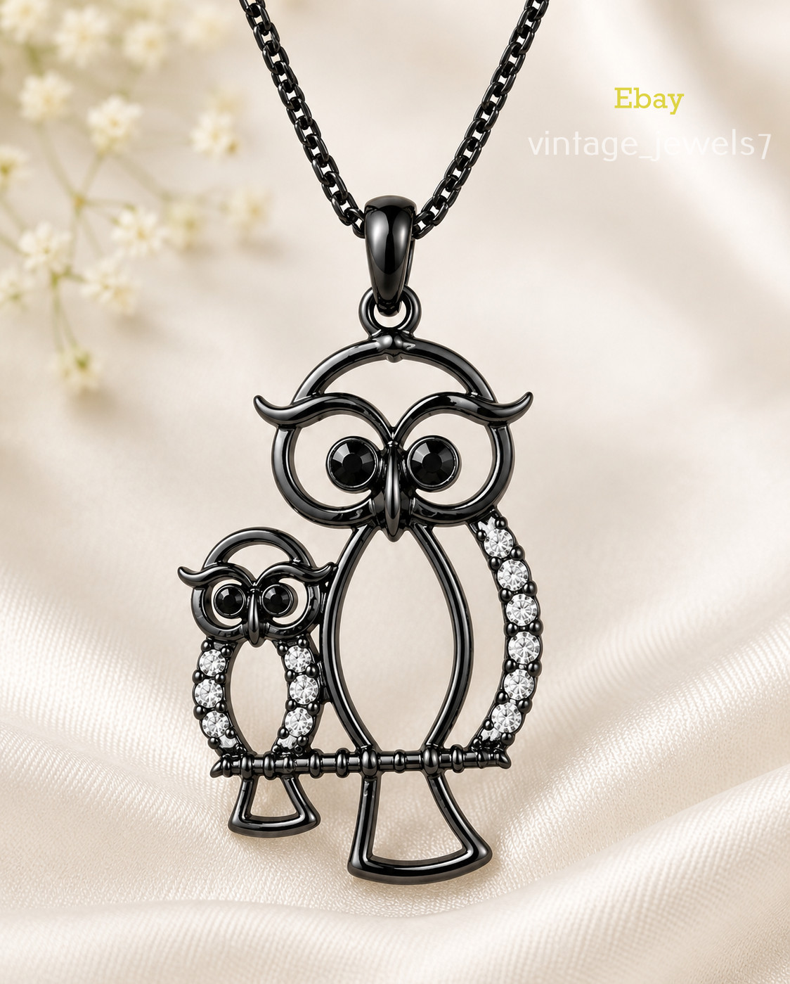 0.51CT Round Cut Lab Created Diamond Cute Two Owl Pendant 14K Black Gold Finish