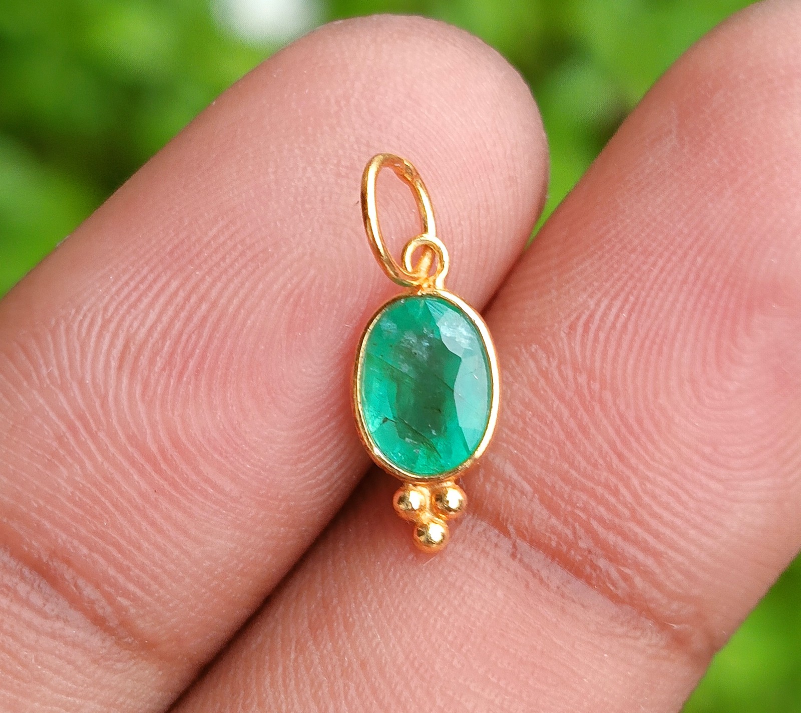 Natural Emerald Gold charm necklace ,18k Yellow Gold Charm, Handmade Jewelry