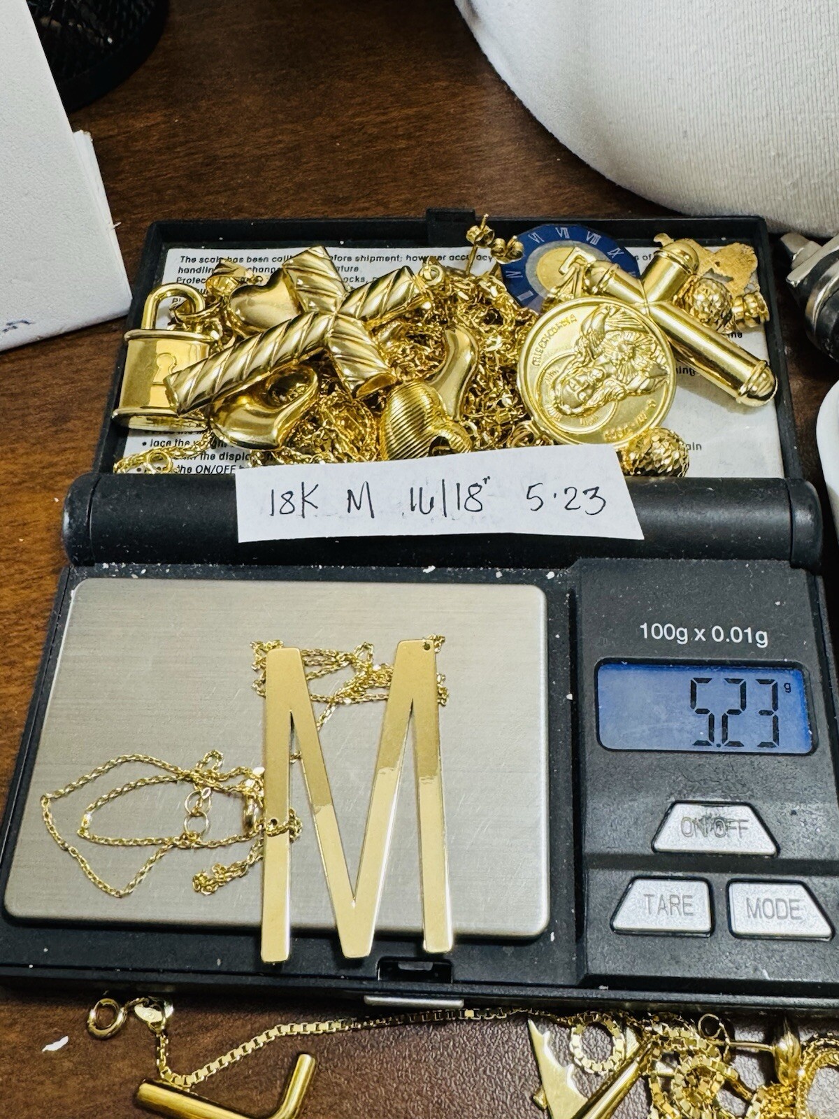 18K 750 Dubai Fine Gold Letter M initial Necklace 16.5/17.5” Long 1mm 5.2g
