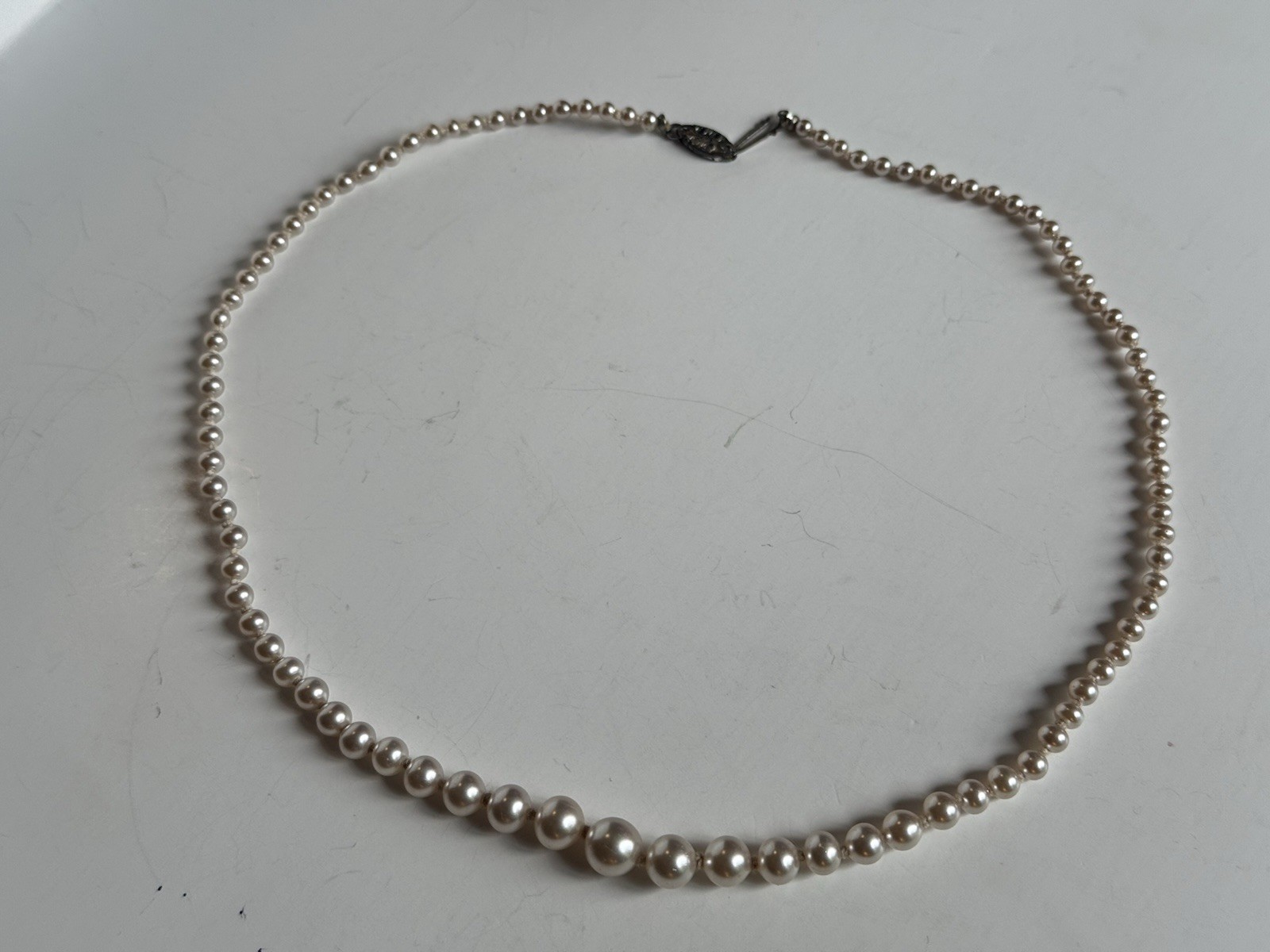 16-17 inches 4-5.5mm Vintage Faux white pearl necklace 925 sterling silver clasp