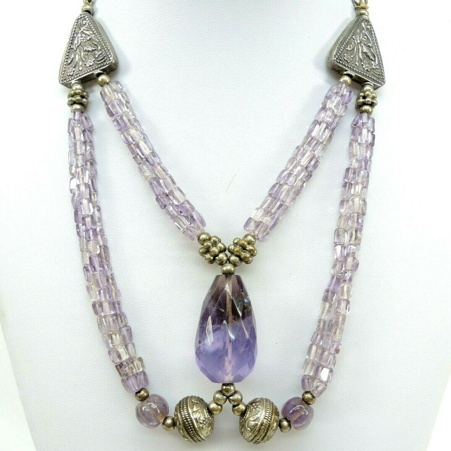 Vintage Amethyst Barrel Beaded Southwest 16″ Bib 800 Silver Necklace