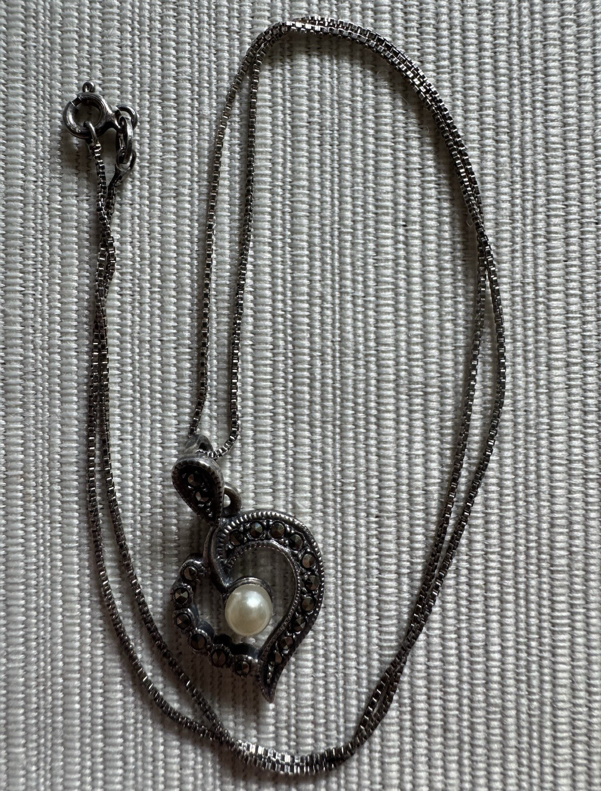 925 Sterling Silver Heart Charm Pendant Necklace White Pearl Marcasite 18in