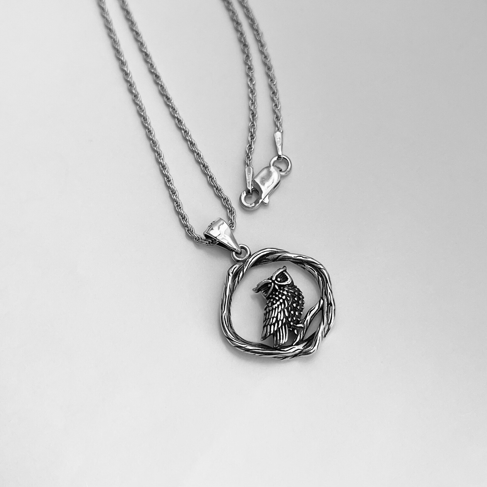 Sterling Silver Owl on Branch Necklace, Bird Chain, Owls, Animals, Spirit Birds