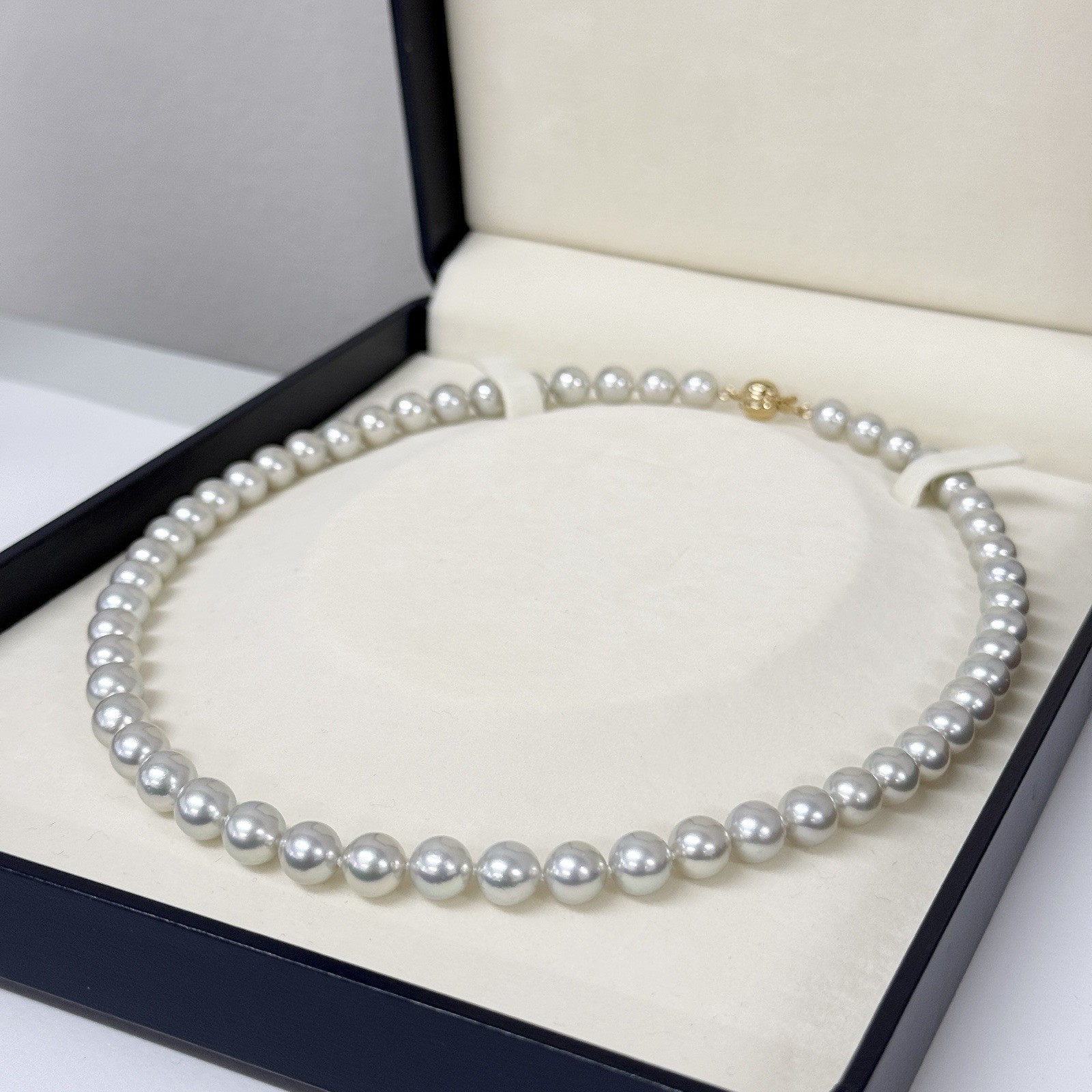 AAA 7.5-8MM Round Silver Japanese Akoya Pearl Necklace 14K Yellow Gold Clasp,18″