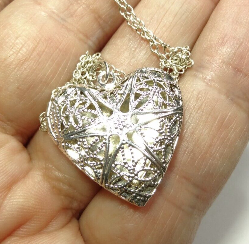 17.5″ INCH CHAIN & HEART LOVE LOCKET 2 PHOTO STERLING SILVER 925 CHARM PENDANT .