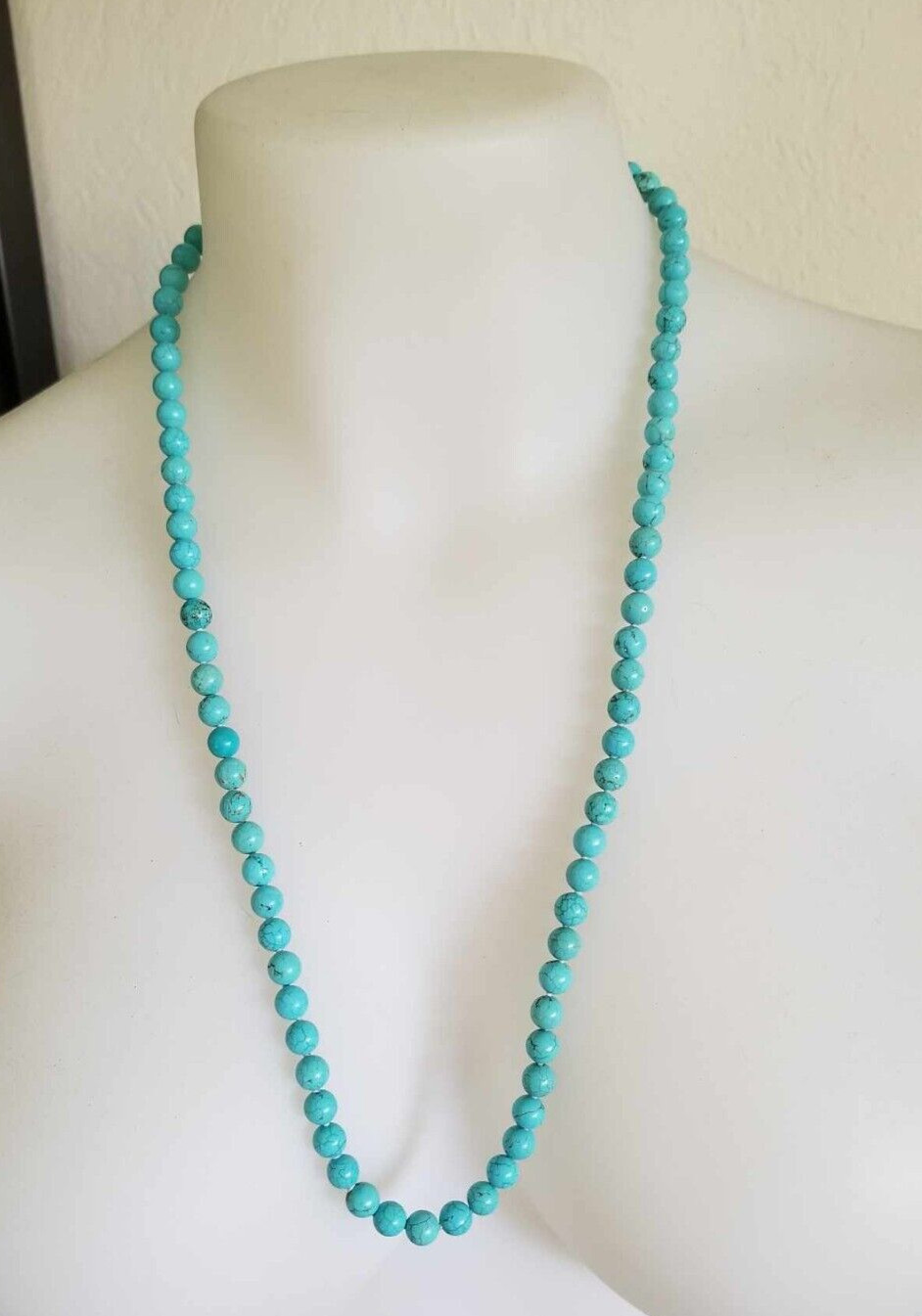 turquoise magnesite necklace, perfect round 9mm, 30″, 925 clasp