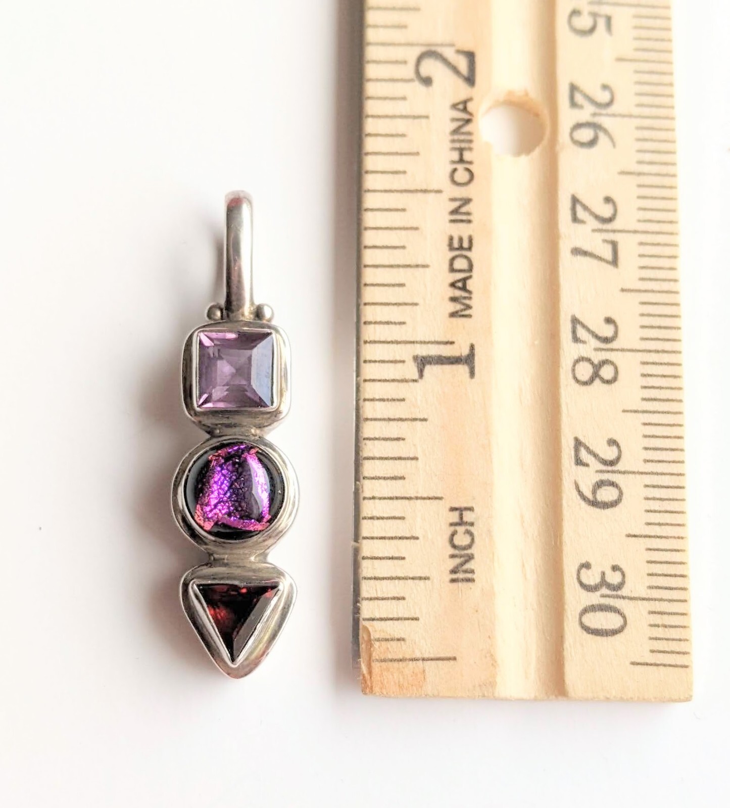 Vintage 3 Stone Sterling Multi Cut Purple Gemstone 1½” Drop Dangle PENDANT