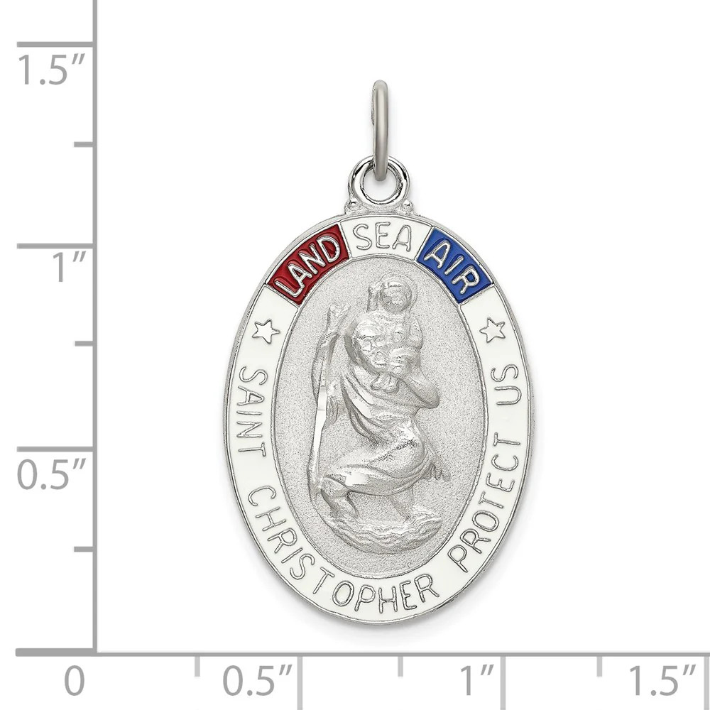 Sterling Silver Satin/Polished/Diamond-Cut Enamel St Christopher Medal