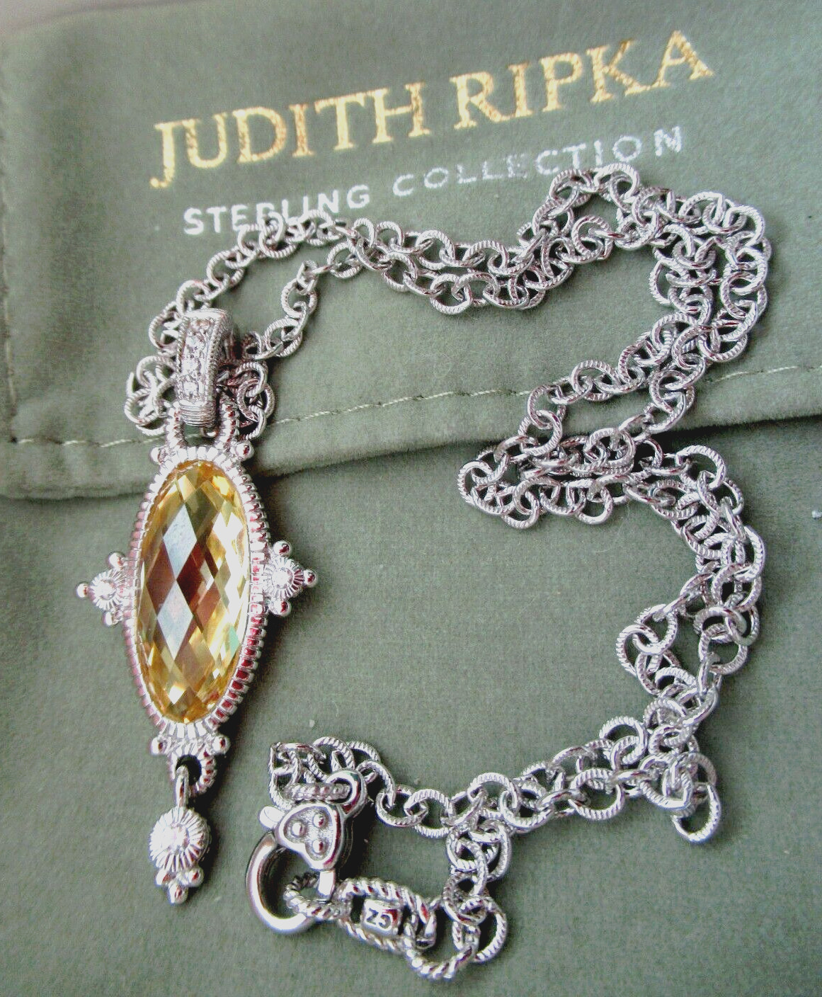 Judith Ripka Sterling Silver Canary Quartz DMQ CZ Pendant 17.5″ Necklace JR Box