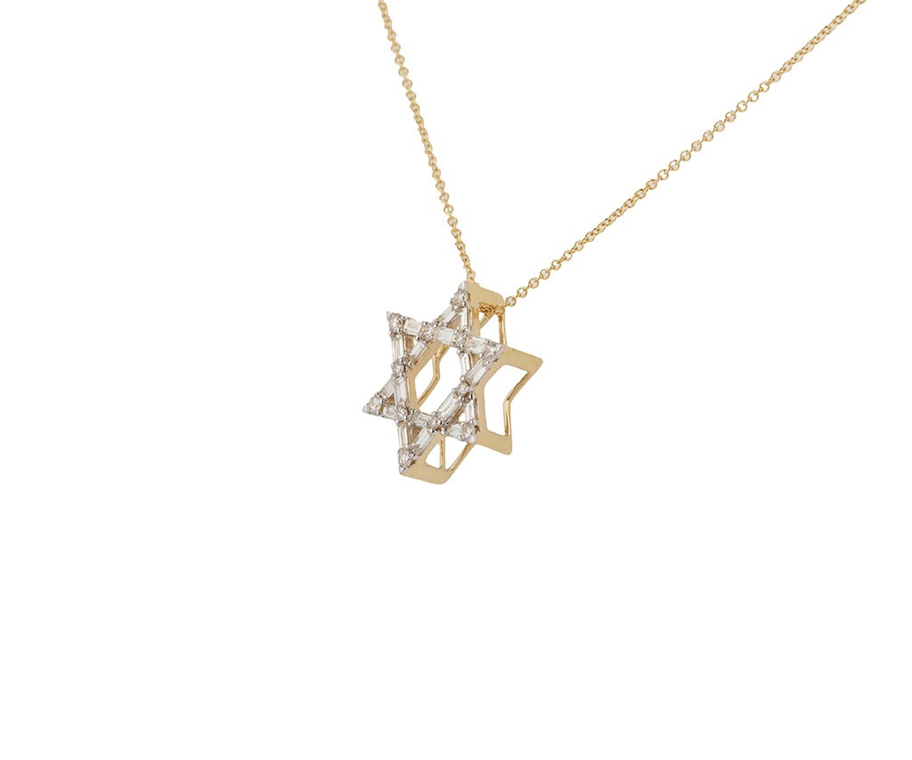 New 0.78ctw Baguette and Round Diamond Star of David Pendant Necklace in 14K