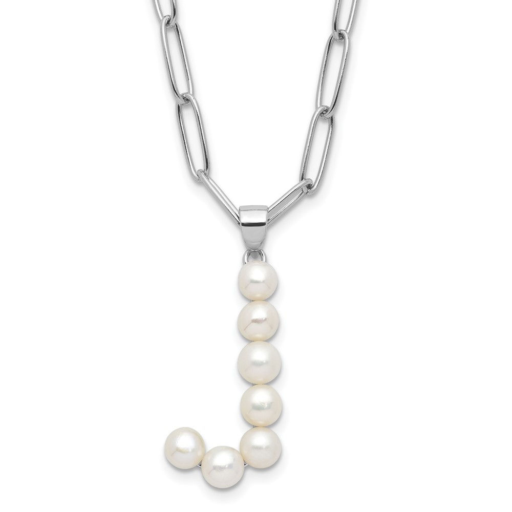Sterling Silver 3-5.5mm White Freshwater Cultured Pearl LETTER J Necklace 18″