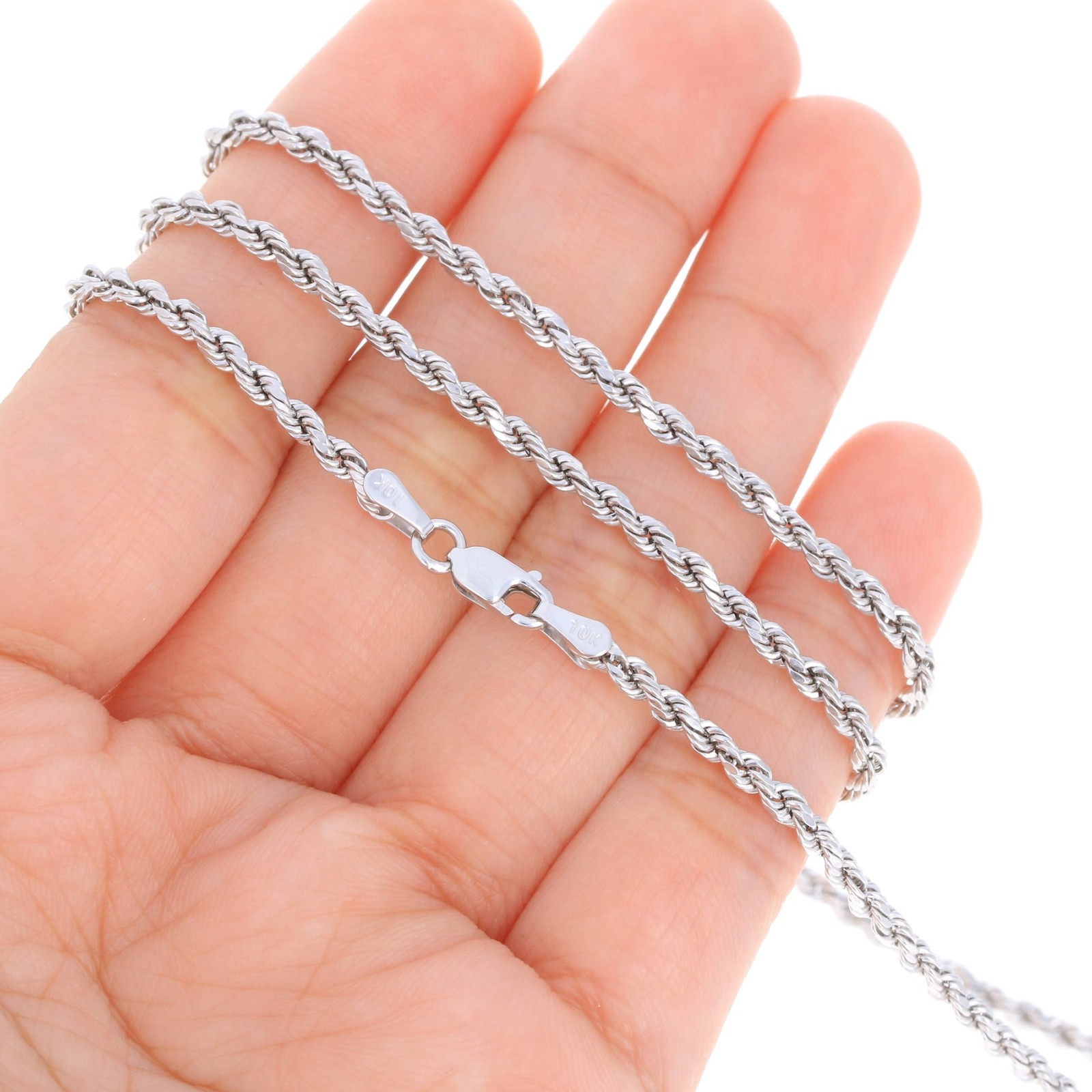 10K White Gold 1.5mm-6mm Diamond Cut Solid Rope Chain Pendant Necklace 16″- 30″