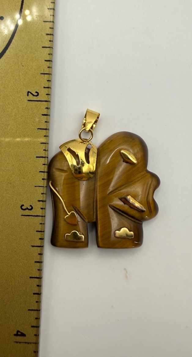 Large Solid 14K Gold Natural Tiger’s Eye Elephant Pendant For Necklace