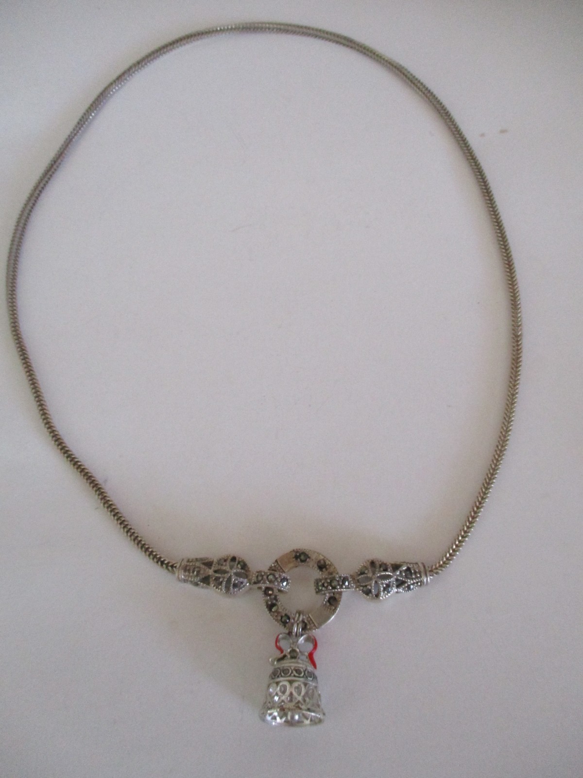 Sterling Silver 16″ Chain & Marcasite~29 Stones~ with Double Clasps + Bell Charm