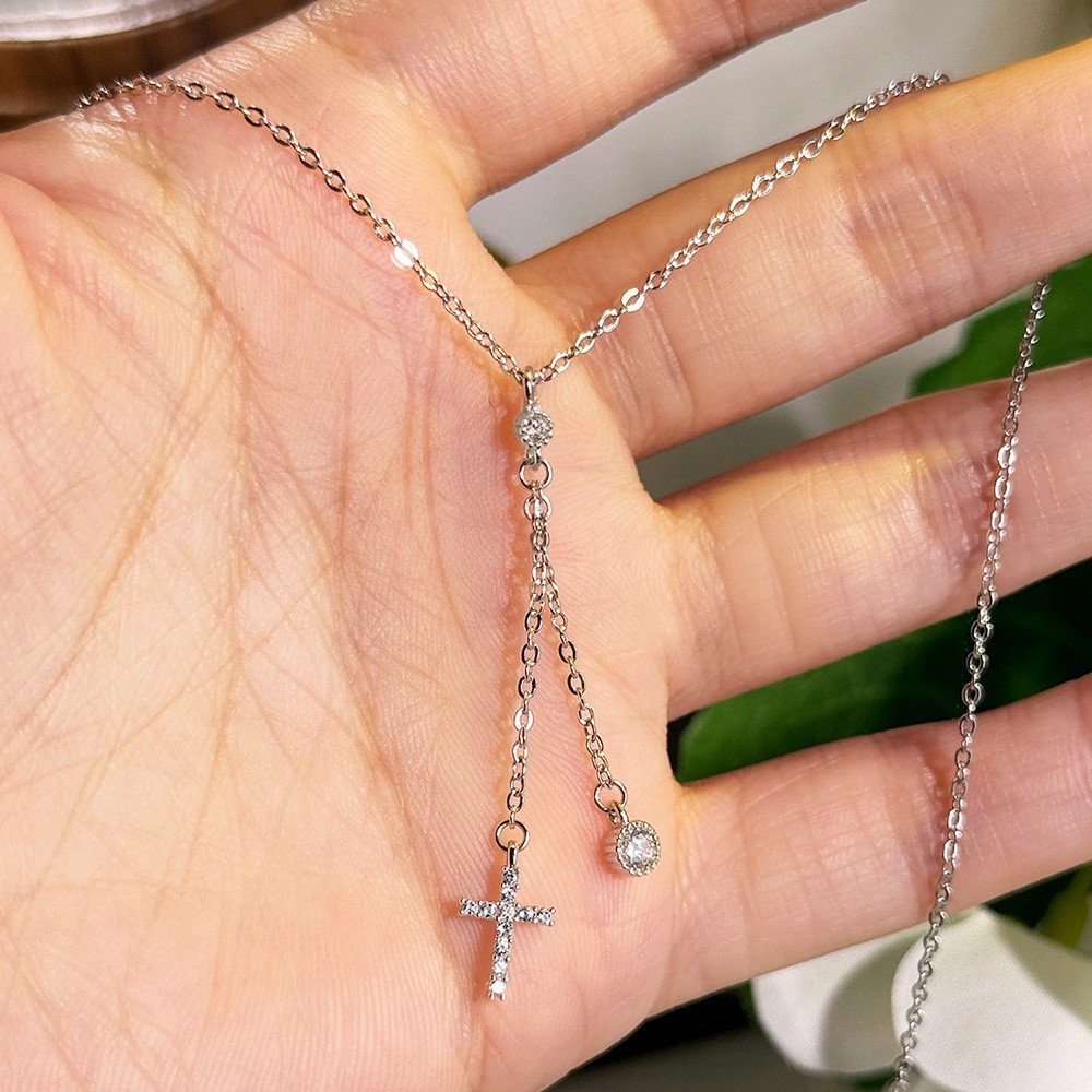 Round Cut Real Moissanite Cross Pendant Necklace 925 Sterling Silver Women Chain