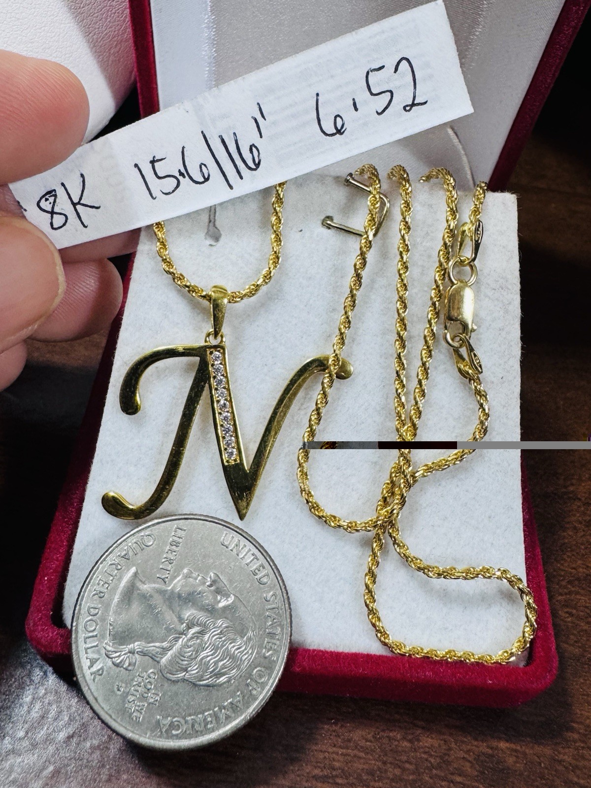 18K 750 Genuine Gold Rope Letter N Necklace 15.6”/16” Long 6.5g 1.6mm Choker
