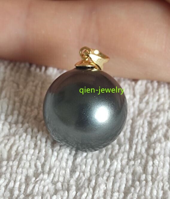 Huge AAAA16mm Perfect Round black south sea Shell Pearl Pendant 14k gold