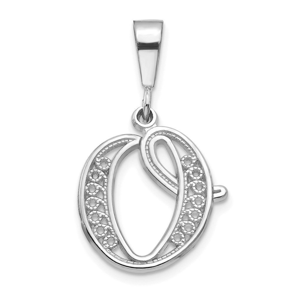 10K White Gold Filigree Initial “O” Letter Charm Pendant L 30mm, W 16mm