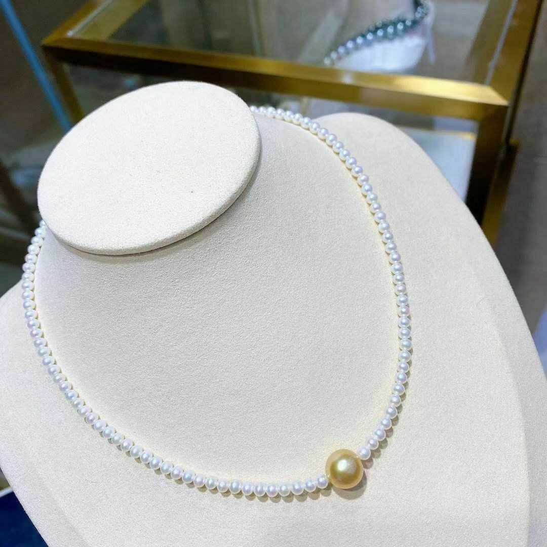 Gorgeous AAA Akoya Mini White & Golden Round Pearl Necklace 14k Gold P