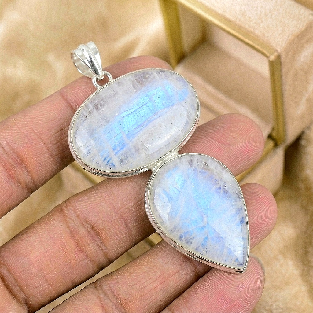 Natural Moonstone Rainbow Gemstone Pendant 925 Sterling Silver Jewelry Pendant