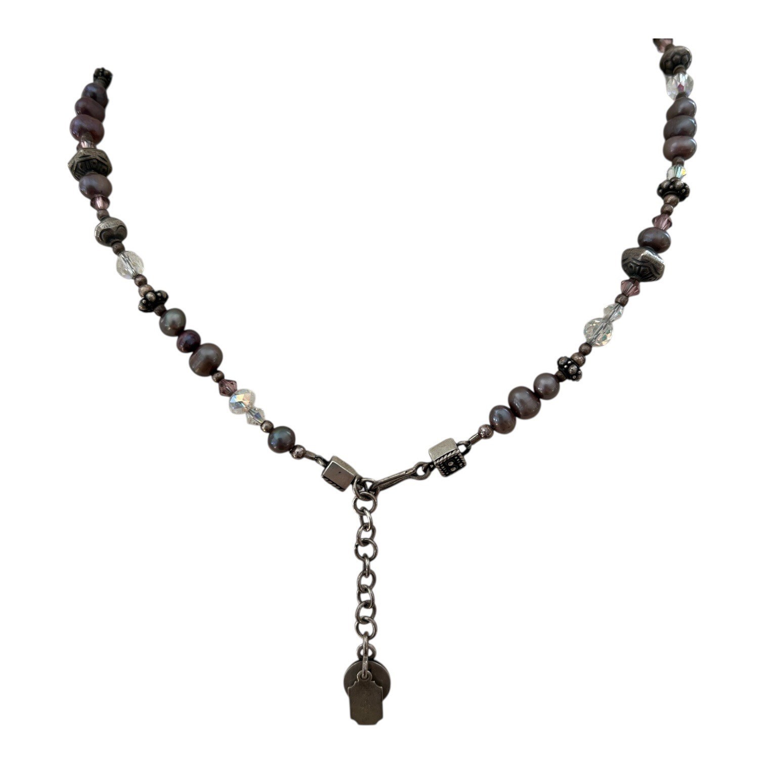 Tres Jolie Signed Sterling Silver Pearl & Crystal Tassel Beaded Necklace 18″