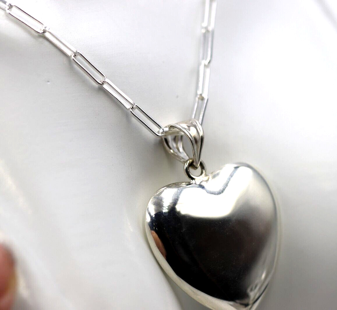 Sterling Silver 925 Paperclip 70cm Necklace + Lg Puffy Heart Pendant -Free Post