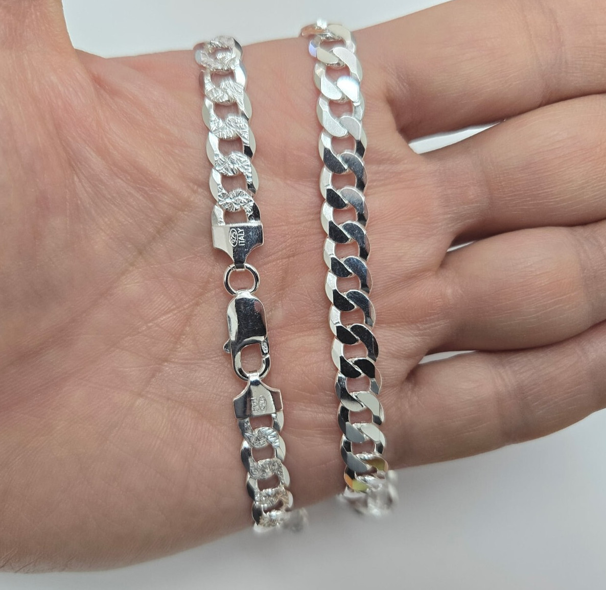 925 Sterling Silver Pave Diamond Cut Beveled Flat Curb Cuban Link Chain 8mm