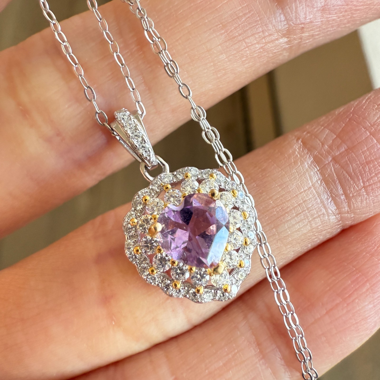 925 Sterling Silver Necklace 5mm Heart Natural Amethyst Gemstone Zircon Chain