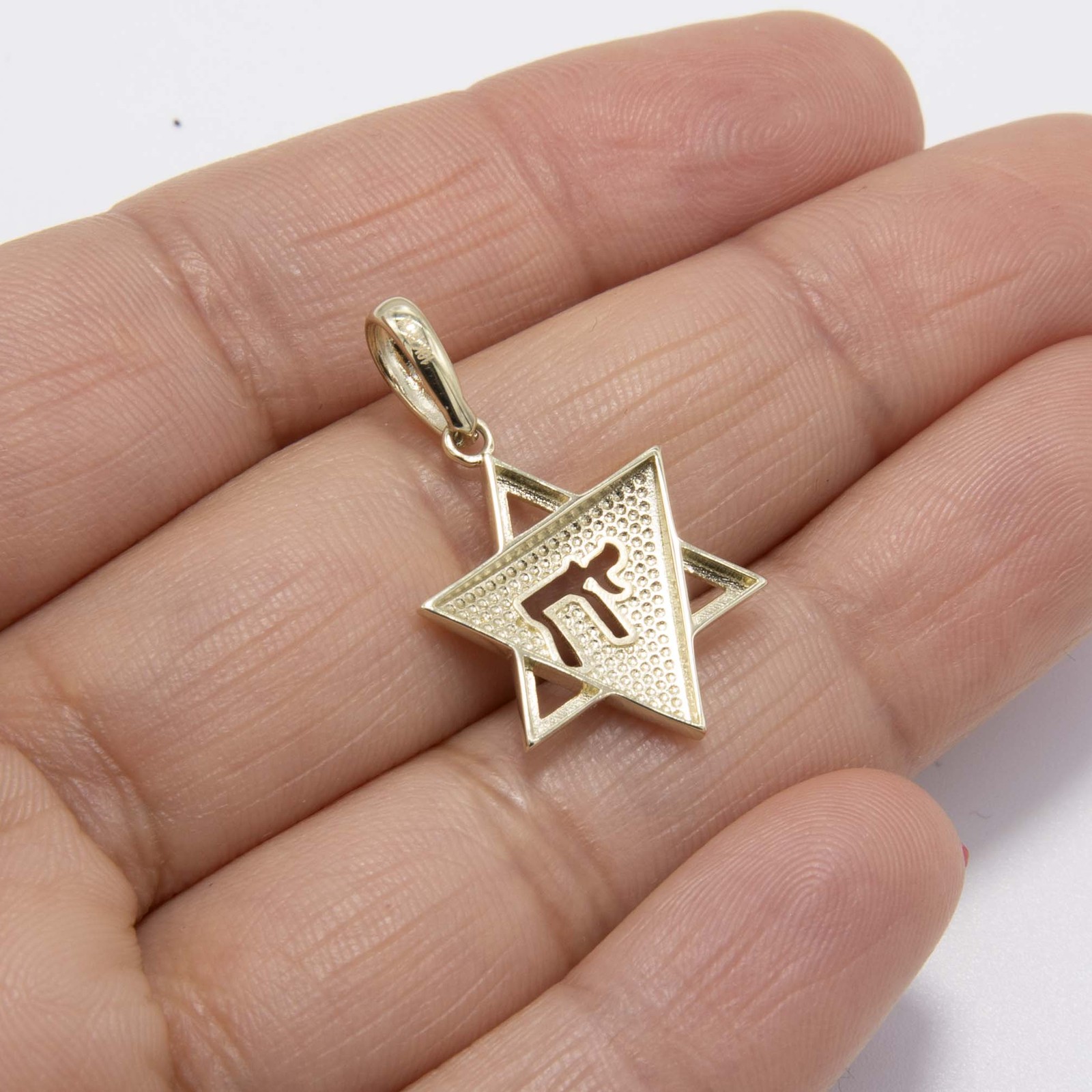 10K Yellow Gold 1 1/4″ Shiny Star of David with Chai Pendant