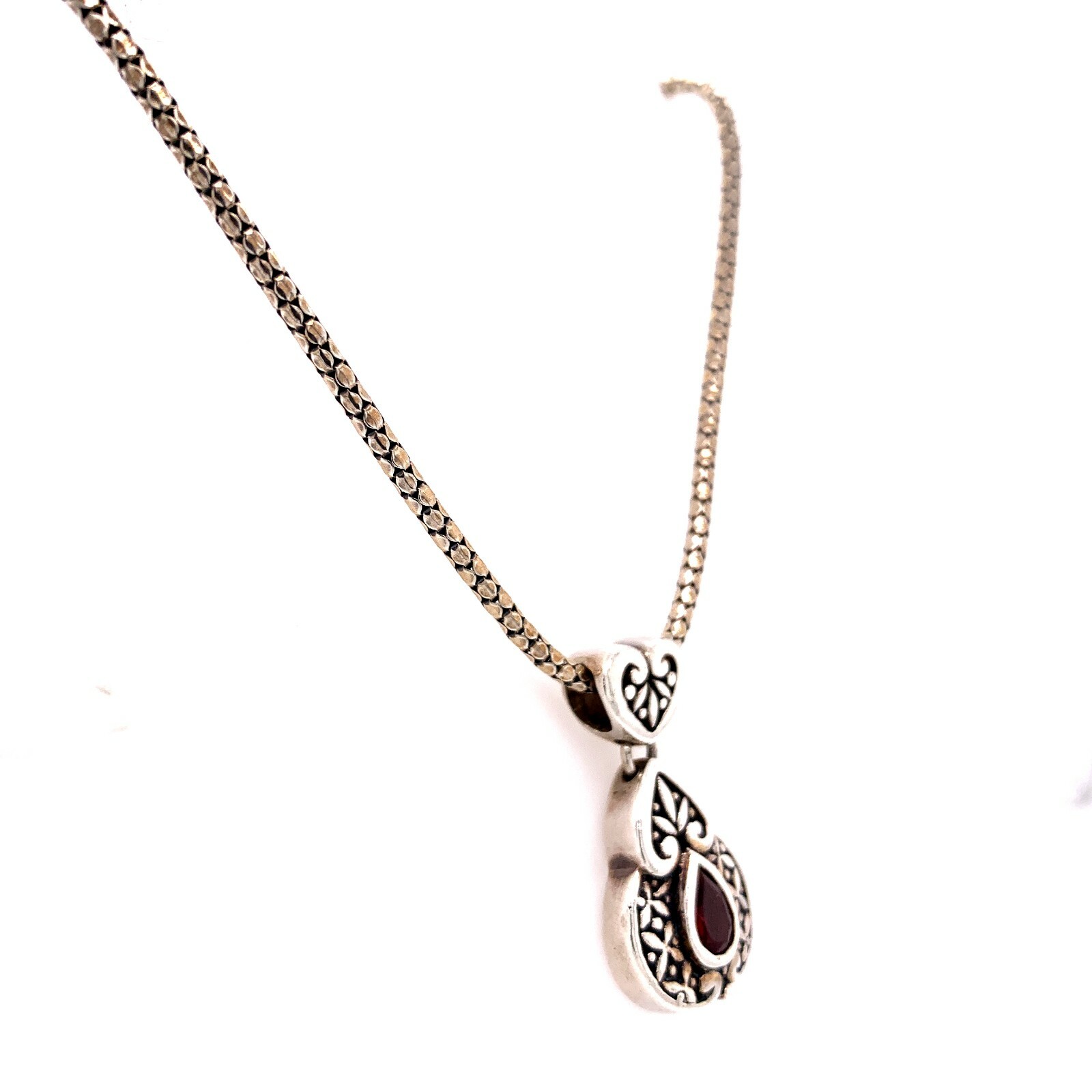 Designer C N A Indonesia Sterling Silver & Garnet 17” Ornate Design Necklace! 92