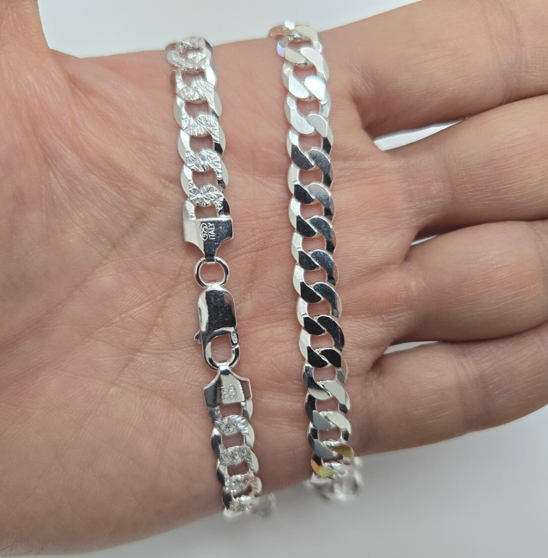 925 Sterling Silver Pave Diamond Cut Beveled Flat Curb Cuban Link Chain 8mm