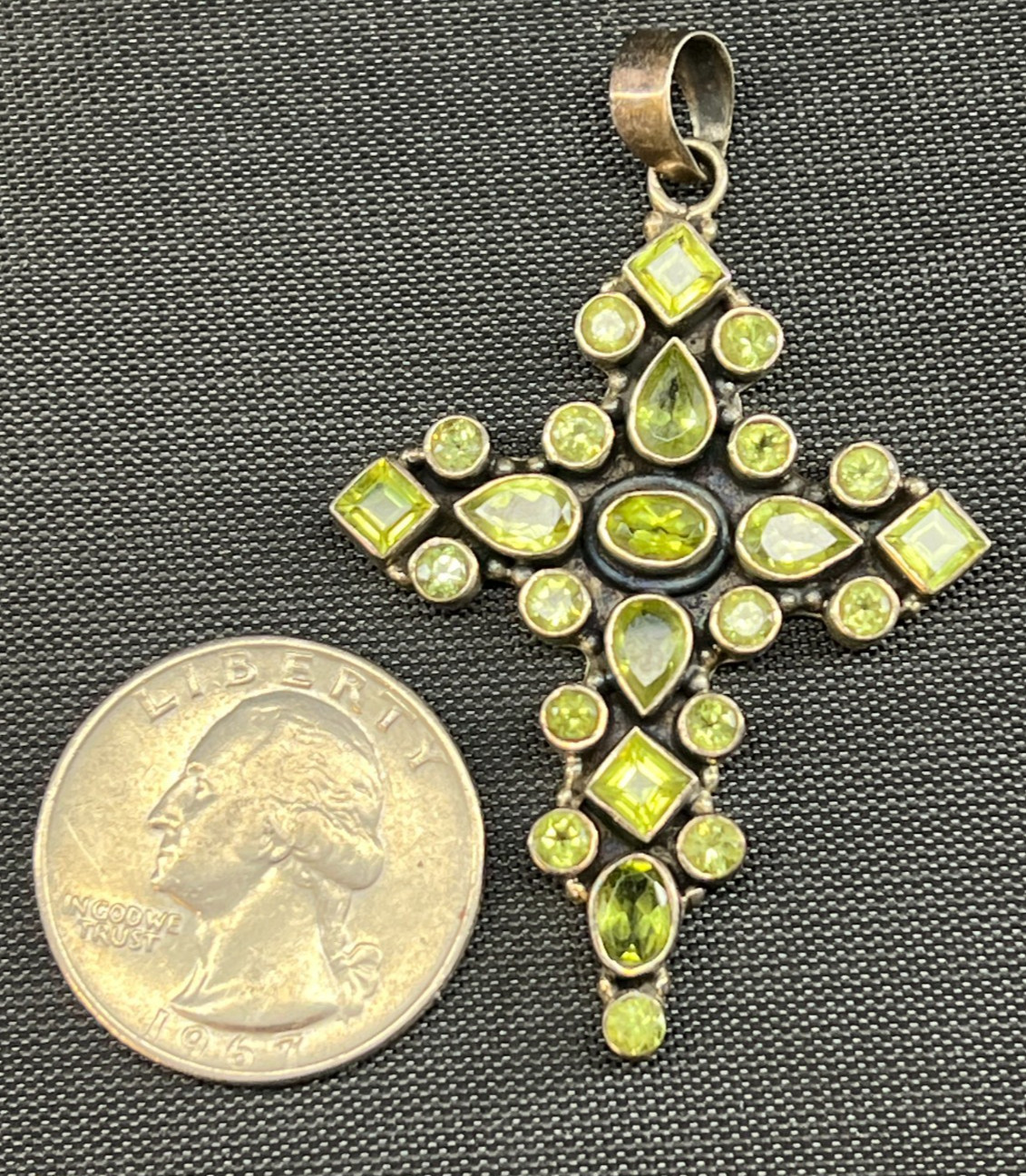 925 Sterling Silver Green Peridot Cross Pendant 2.25″ Length 10.0g Religious