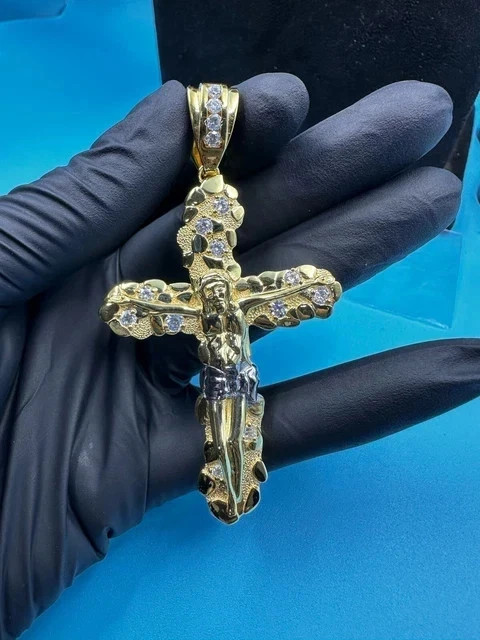 0.80Ct Round Cut Natural Moissanite Jesus Cross Pendant 14K Yellow Gold Plated