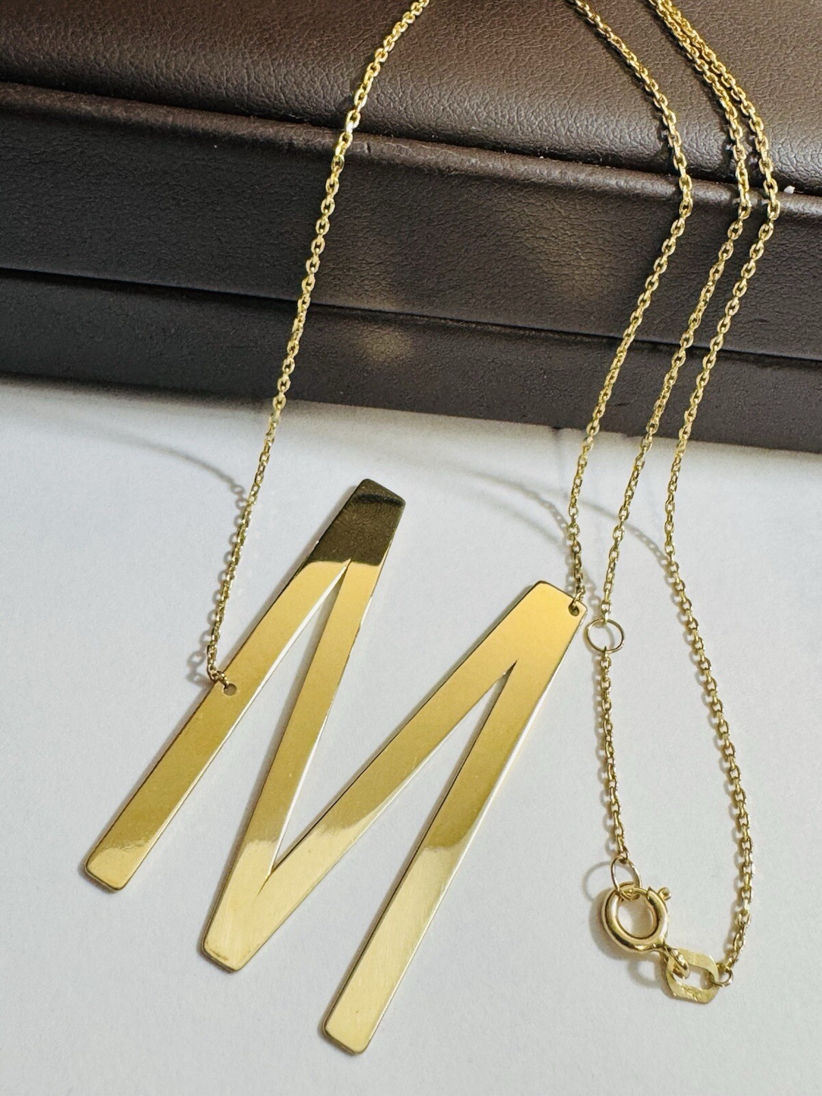 18K 750 Dubai Fine Gold Letter M initial Necklace 16.5/17.5” Long 1mm 5.2g
