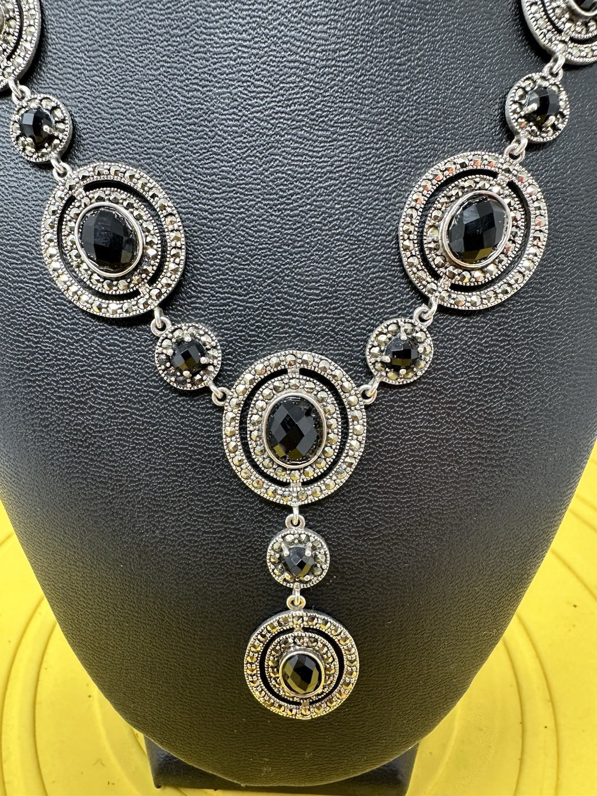 Sterling Silver Onyx & Marcasite Y-Drop Choker Necklace Modern Elegant 47g 17”+