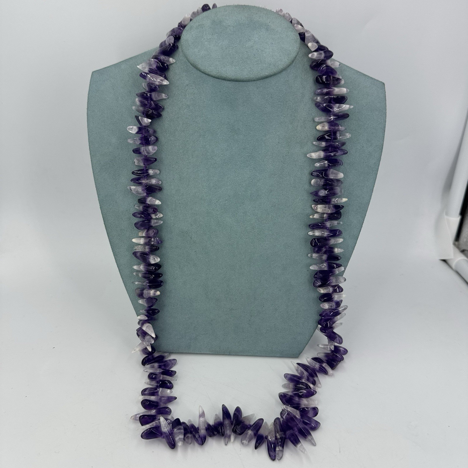 9ct gold ametyst gemstone necklace dog tooth long purple layer chunky 30”